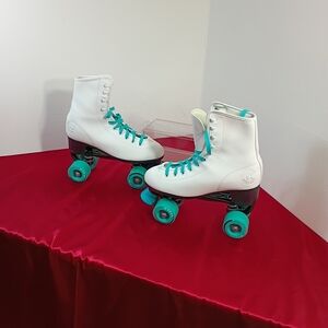 White Roller Skates with Teal Accents